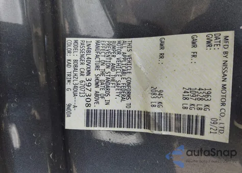 2021 Nissan Altima Sv Fwd z USA, uszkodzony, nr VIN 1N4BL4DVXMN397308